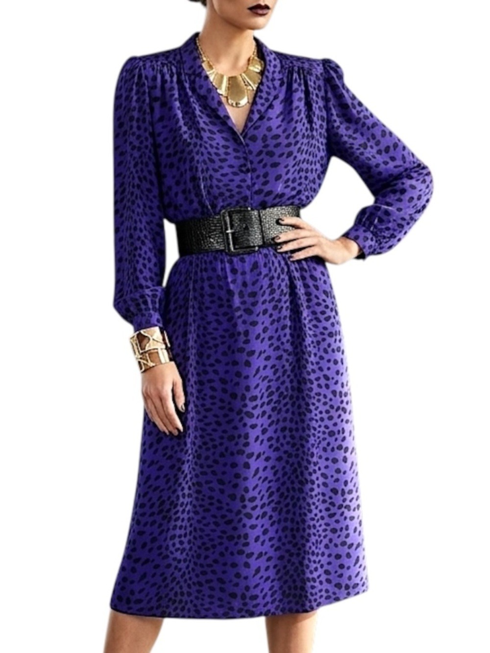 Vintage 80s 90s purple leopard animal print long sleeve blouson midi dress 6